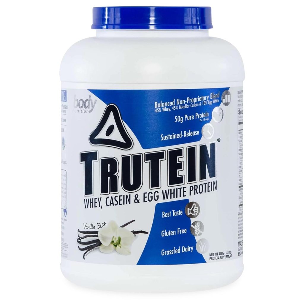 אבקת חלבון גבוהה של הגוף Trutein גבוה חלבון אבקה: 45% Whey, 45% מקרהין, 10% ביצה לבן Shake Mix, Gluten-Free Sodium, Low Carb חלבון אבקת עבור גברים ונשים, Vanilla Bean, 4lb
