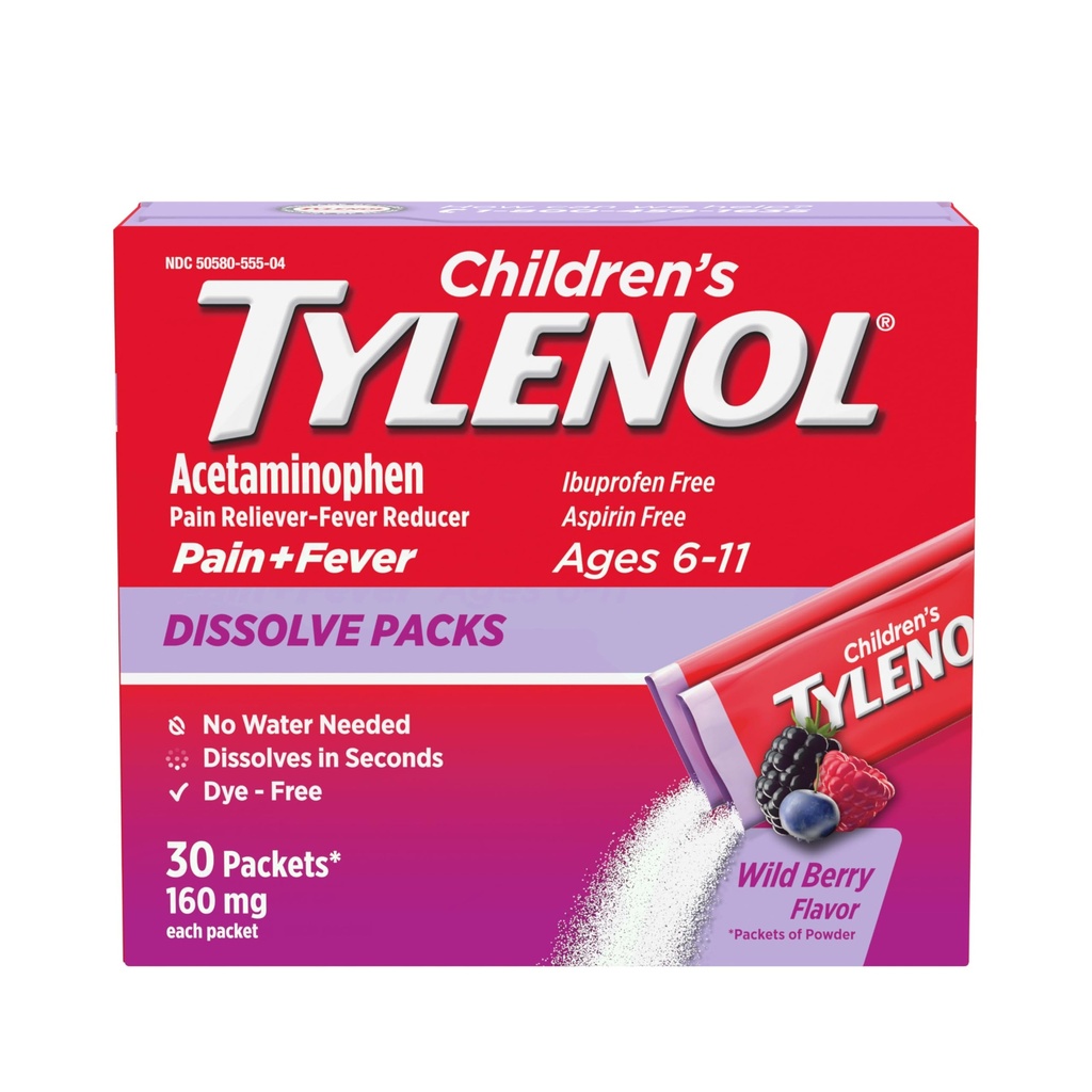 Tilenol Dissolve Packs for Pain Relief, Fever תרופות, 160 מ"ג Acetaminophen, Dye חינם, אבקת הילדים Packets for Cold & Flu Symptom הקלה; Wild Berry Flavor, 30 ct.