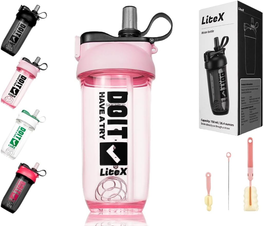 Litex Shaker Bottles forחלבון Shakes, 26oz בלנדר שרקר בקבוק עבור Pre-Workout,Shaker Cups with Straw, BPA-free Tritan Mixer בקבוקים עבור אבקת חלבון, עם מברשת Brush והוראות (Pink)