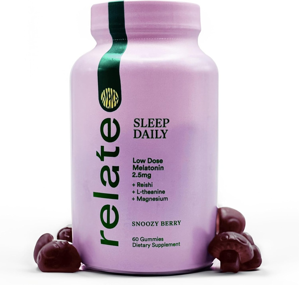 Relate Sleep Daily Gummies - Mushroom-Infused Sleep Support with Low-Dose Melatonin, Magnesium, L-theanine, Lion's Mane, Reishi, Cordyceps, וטורקיה Tail Mushrooms - טבעוני, Made in USA - 60 Count
