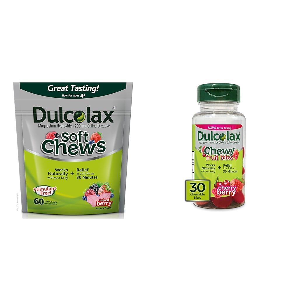 Dulcolax Soft Chews Saline Laxative מעורב ברי (60ct) Gentle Constipation Relief & Chewy פירות Bites, Saline Laxative, Cherry (30ct) Cramp-Free Constipation
