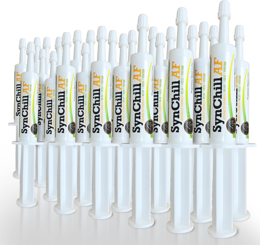 SynChill AF Calming Gel for Nervous Horses - שירות יחיד - פורמולה מתקדמת עם L-theanine, הגדלת כוח, 100% תוספת טבעית, אכזבה ותמיכה ביטחון עבור סוסים - 25 Pack