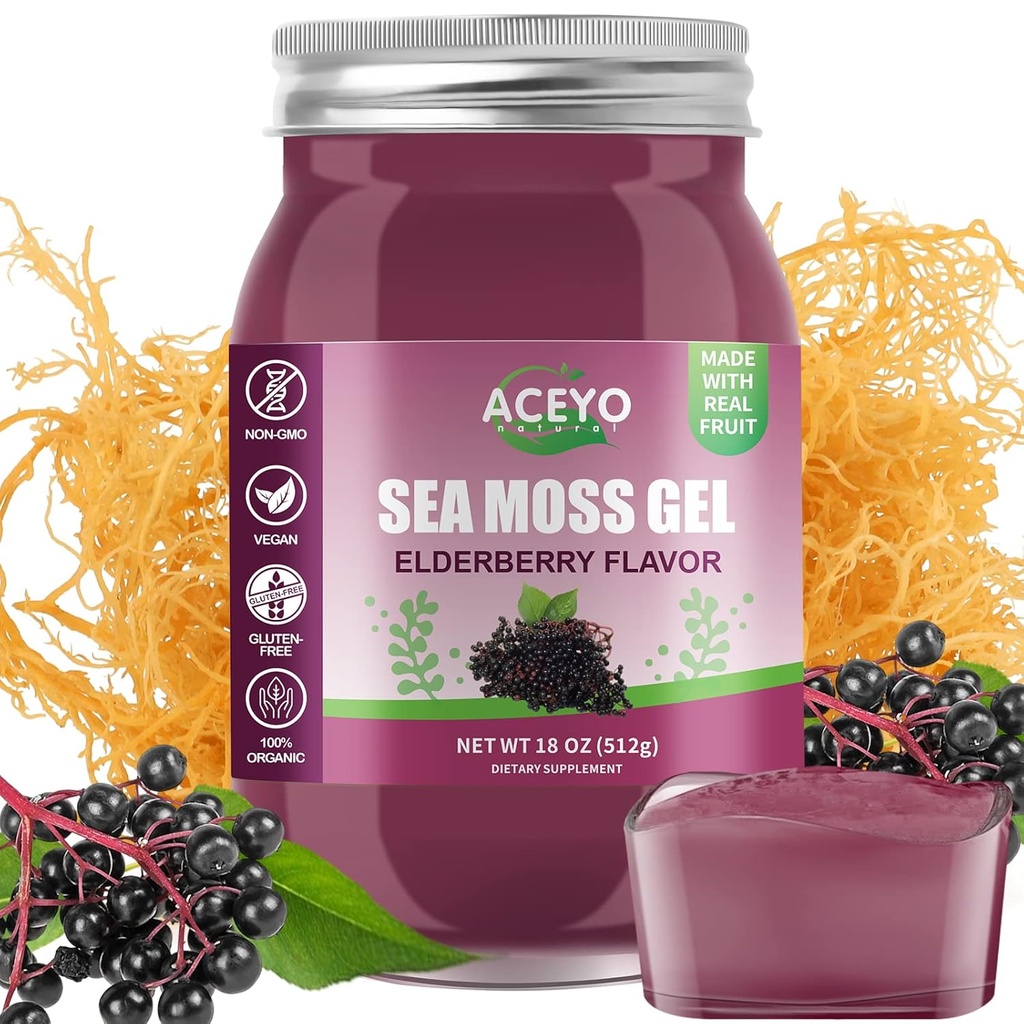 ACEYO (18 OZ) Irish Elderberry Sea Mos Gel אורגני Raw Flavor 102 ויטמינים ומינרלים Wild Harvested non-GMO Immune Defense Booster Thyroidive Support