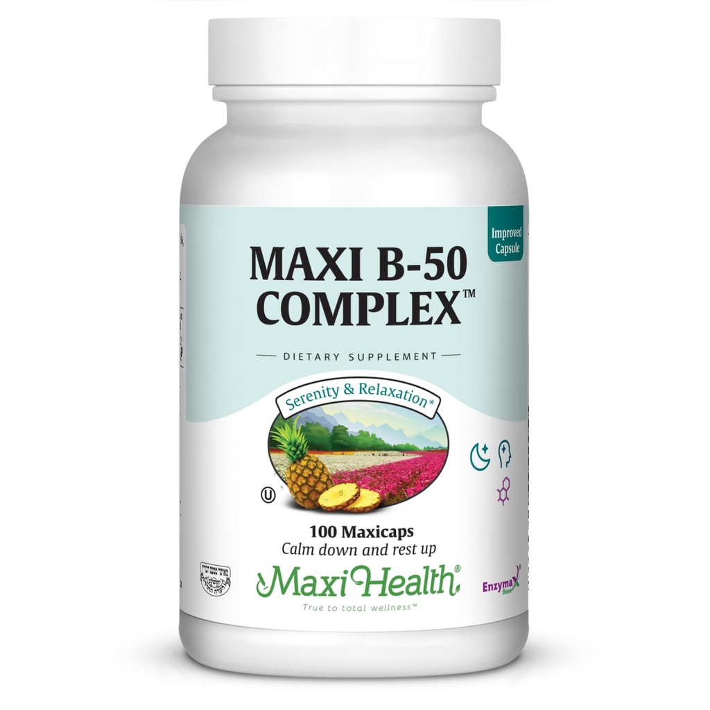 Maxi Health ויטמין B Complex - ויטמין B-50 עם B1, B2, B3, B6, B12, Biotin & Folate - תמיכה באנרגיות סלולריות וקלילות נפש - כשר - 100 קפסולות