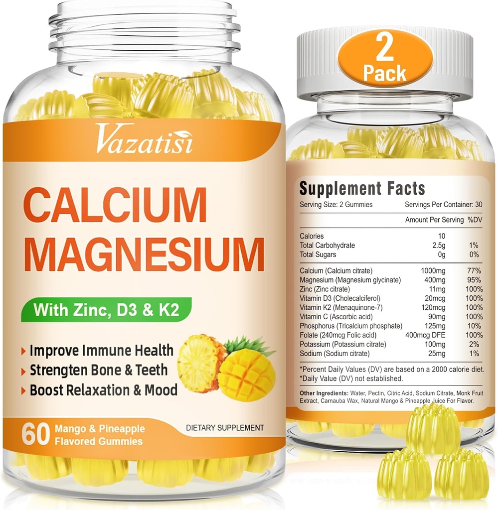 Calcium Magnesium Zinc Gummies עם ויטמין D3 ו-K2, High Absorption Magnesium Glycinate Potassium עבור Immune ו Calm Mood, מנגו טבעוני ו- Pineapple Flavor 120 חניכיים