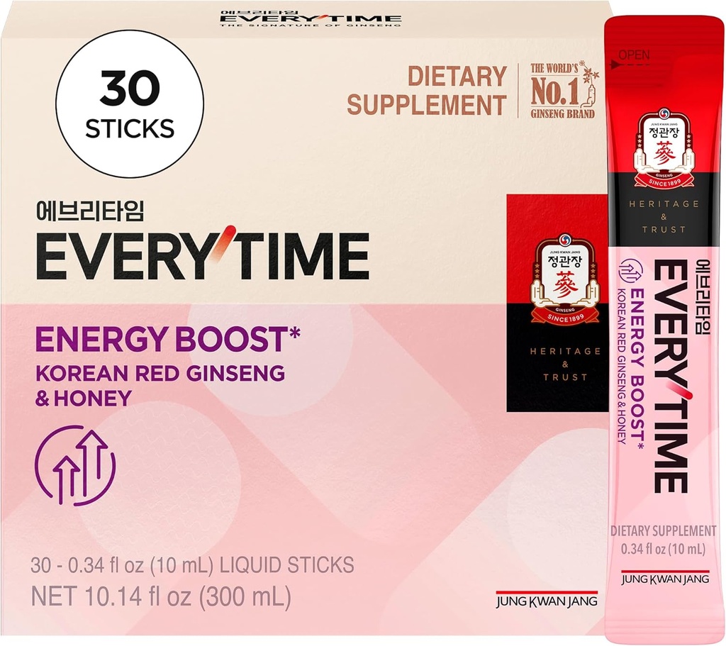 JUNG KWAN JANG Everytime Energy Boost Korean Red גינזנג לחלץ Stick 1,000 מ"ג ודבש - ג'ינסנג משקאות אנרגיה נוזלי תוספי Stick - בונה Sta & Immunity No Caffeine (30 מקלים)