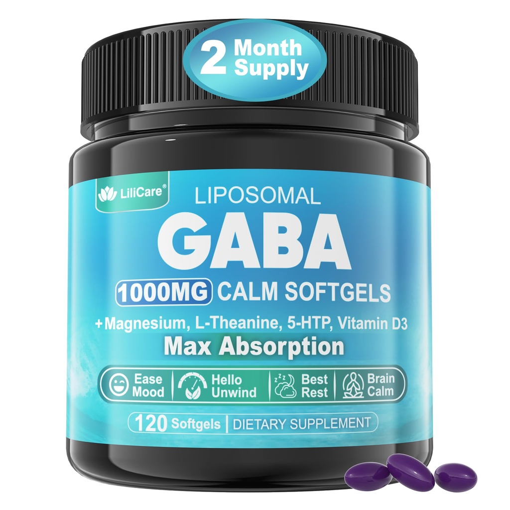 תוסף GABA - 1000 מ"ג Liposomal Form for Optimal Absorption, GABA עם L-theanine, Magnesium Glycinate, 5HTP, ויטמין D3 עבור Calm, הירגעות, Mood, Restful Night - Melatonin-Free 120 Softgels.