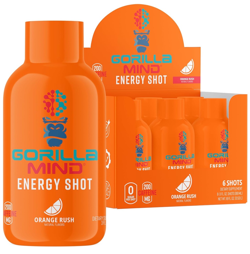 Gorilla Mode Energy Shots (6-Pack) - משקאות אנרגיה עבור פוקוס משופר ואנרגיה, סוכר ללא תשלום, מהיר-פעוט פורמולה עם ויטמינים ופלטים טבעיים (Orange Rush)
