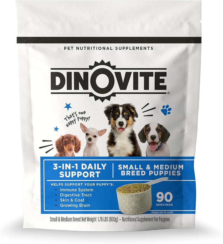 Dinovite 3 ב 1 Probiotic for Puppies, Skin & Coat, Digestive Health & Joint Relief, Dog Food Toppers, Salmon Oil, Glucosamine, Allergy Relief & Itch Relief Skin Care, 90 משרתות (Puppy)