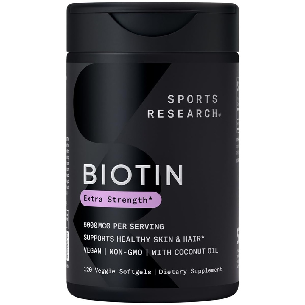 מחקר ספורט ® Biotin 5,000mcg עם שמן קוקוס אורגני - ביוטין (Vitamin B7) עבור עור בריא ותמיכה שיער * עבור נשים וגברים - טבעוני, non-GMO, Gluten & Soy-Free - 120 Veggie Softgels
