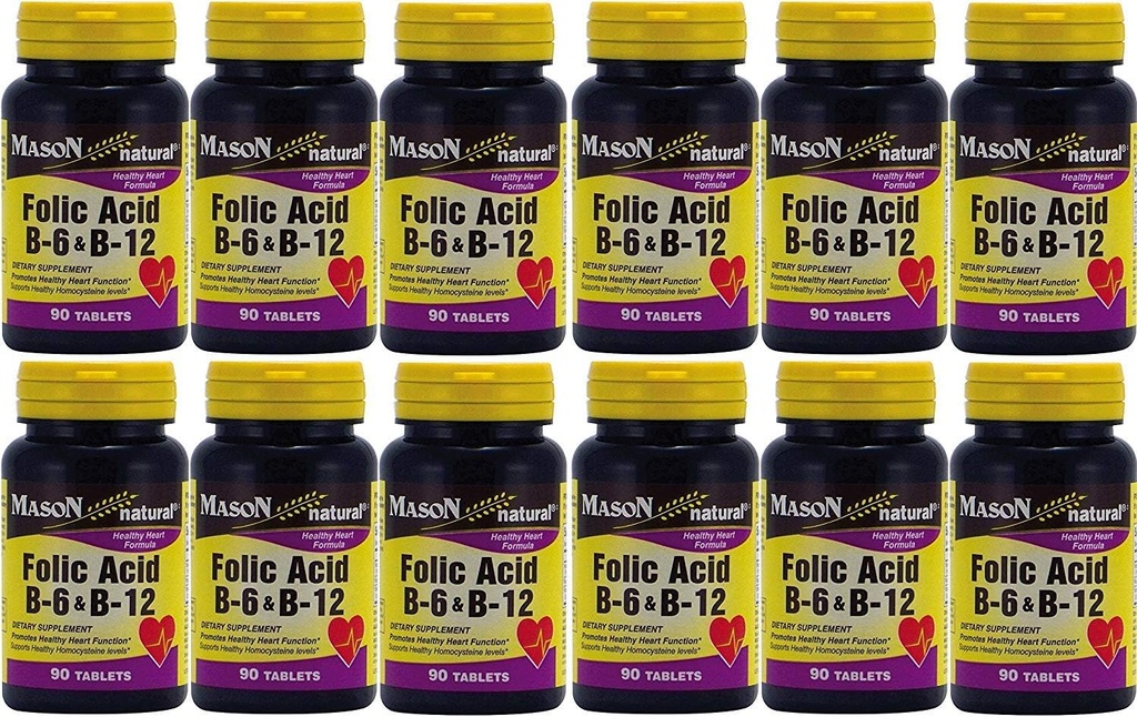 תוספי ויטמינים Folic Acid B-6 & B12 בריאות הלב פורמולה 90 טבליות עבור חבילת בקבוק של 12 1080 טבליות
