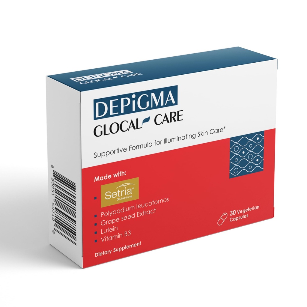 GlocalCare Depigma תמיכה Reduction of Hyperpigmentation, Melasma & Dark Spots with Glutathione, Polypodium Leucotomos, Grape Seed & Mary Golden Extractd