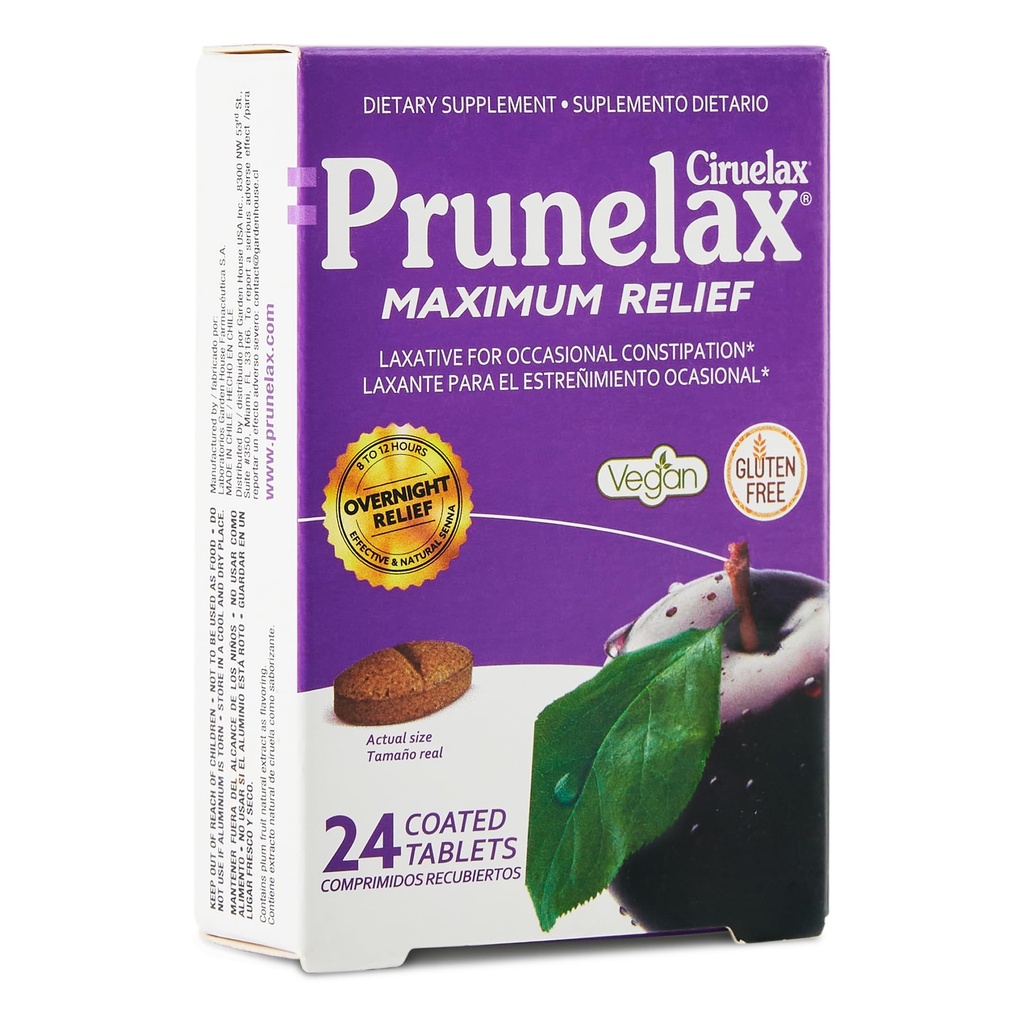 Prunelax Ciruelax מקסימום הקלה טבליות עם טבעי Senna עבור Occasional Constipation, Senna Extract, טבעוני & Gluten-Free, Gentle Overnight הקלה - 24ct