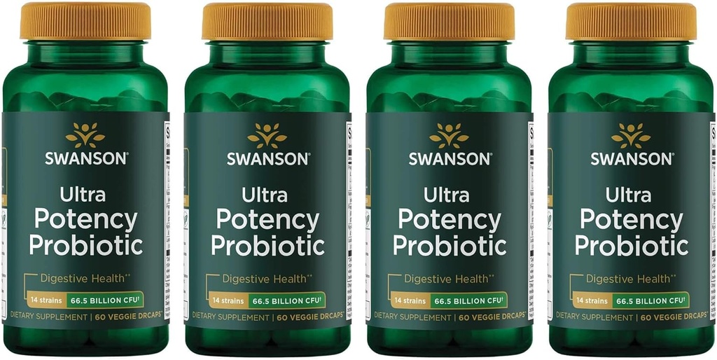Swanson Ultra Potency Probiotic Health Immune System תומך 66 מיליארד CFU Prebiotic NutraFlora scFlora 60 DRcaps Veggie קפסולות (4 Pack)