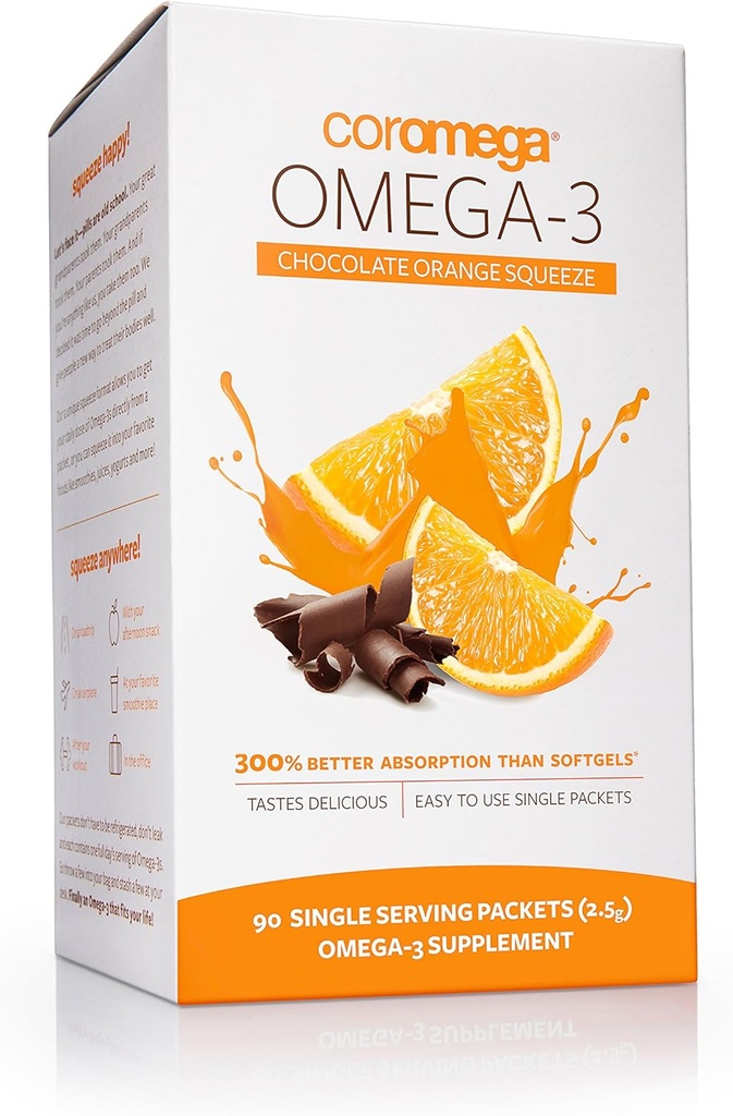 קורומה אומגה 3 שמן דגים, 650 מ"ג של אומגה 3 עם 3X Better Absorption Than Softgels, Chocolate Orange Flavor, 90 Single Serve Squeeze Packets