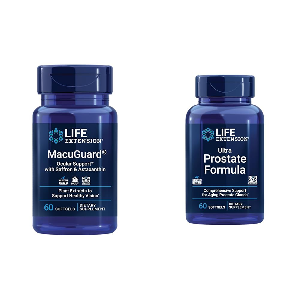 הרחבת החיים Macuguard Ocular תמיכה עם Saffron & Astaxanthin 60 Count and Ultra Prostate Formula Saw Palmetto 60 Softgels