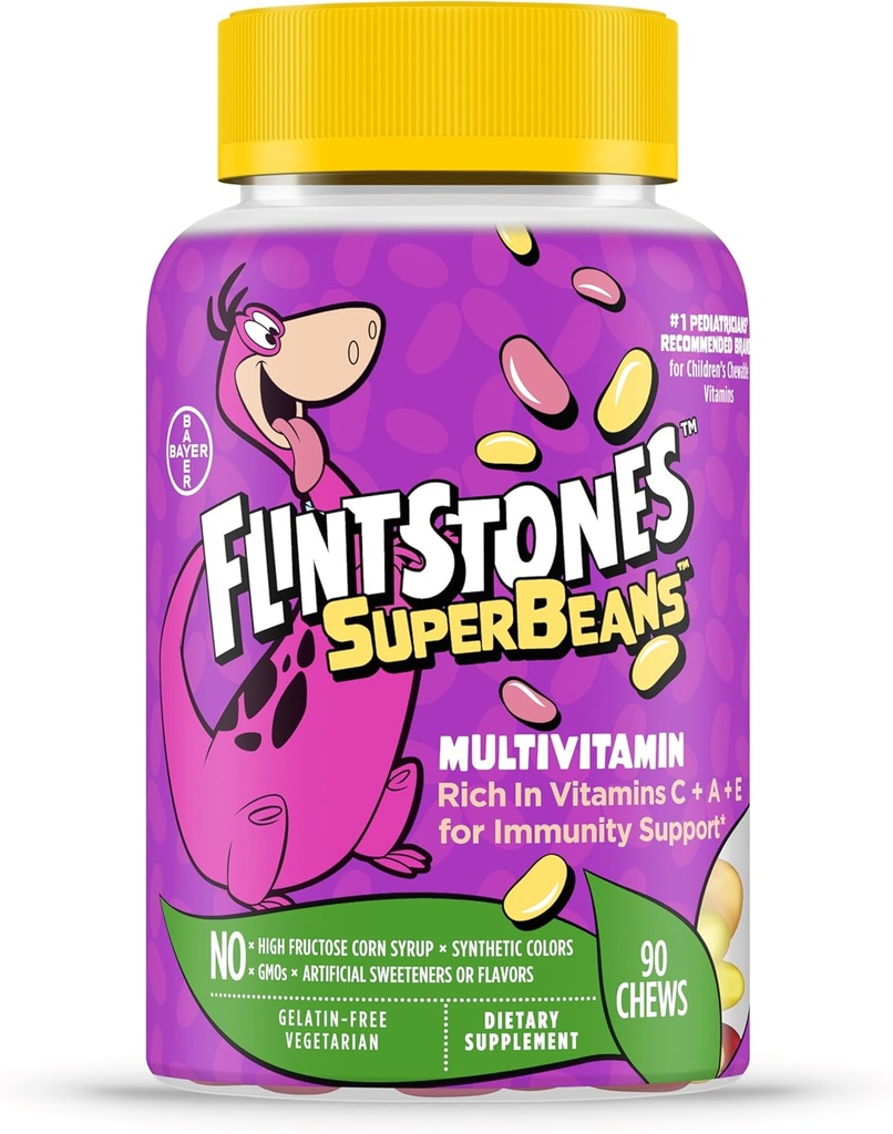 פלינטסטון ויטמינים SuperBeans,Kids Multivitamin עם תמיכה ב- Immunity עם ויטמינים A,D, Iodine & Zinc כדי לתמוך בצמיחה בריאה,Fruit Flavored,Vegetarian, Jelly Bean Chews,90 Count(Packaging עשוי להשתנות)