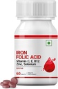 ברזל Folic Acid תוספת עם ויטמין C, E, B12, Zinc & Selenium עבור נשים גברים - 60 טבליות