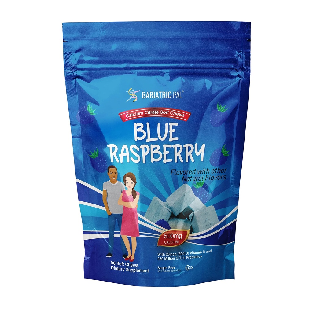 BariatricPal Free Calcium Citrate Soft Chews | 500 מ"ג עם ויטמין D & Probiotics | Blue Raspberry | 90 Count (1 חודש אספקה)