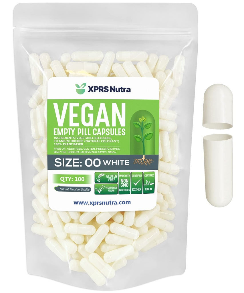 XPRS Nutra Size 00 קפסולות ריקות - 100 ספור קפסולות טבעוניות ריקות - גלולות ריקות Vegetarian - קפסולת ירקות מילוי וggie Pill Caps (לבן)
