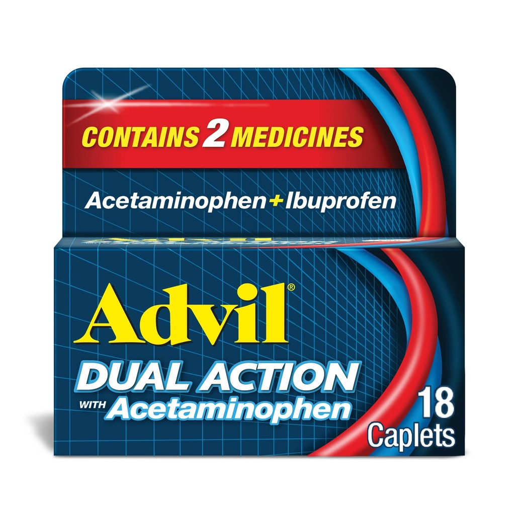 עו"ד פעולה כפולה coated Caplets עם Acetaminophen, 125 מ"ג Ibuprofen ו 250 מ"ג Acetaminophen Per Caplet עבור 8 Hour הקלה - 18 Count Count