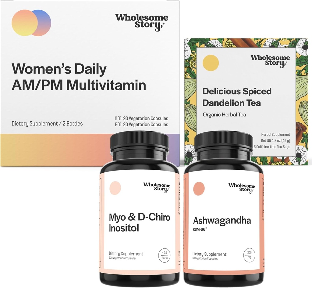 Chill Out Bundle | Myo Inositol & D Chiro Inositol | KSM 66 Ashwagandha תוספים | Premium Bioavailable Daily Multivitamin for Women with Iron and Folate | אורגני Roasted Dandelion Root Tea