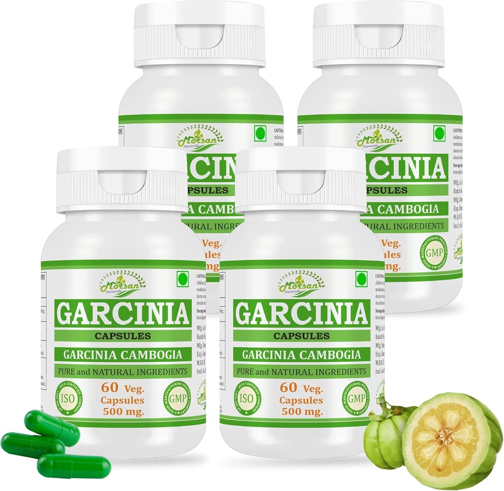 Natural and Pure Herbal Garcinia CAMBOGIA (Garcinia) לחלץ קפסולות | קיבולת גבוהה, 100% Herbal Product Pack של 60 X 500 מ"ג. Veg. קפסולות (Pack of 4 Jar)