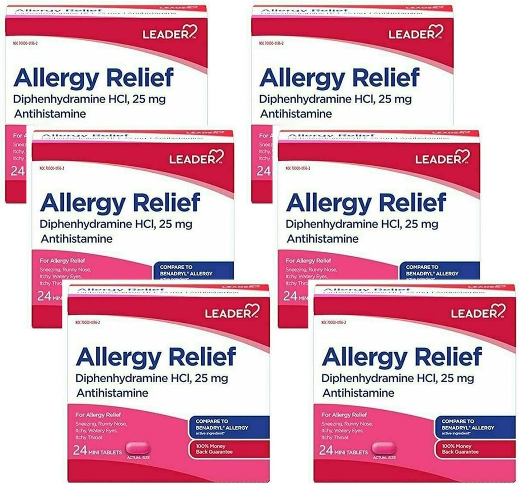 מנהיג Antihistamine אלרגיה הקלה Diphenhydramine HCl, 25 מ"ג מיני טבליות, 24 Count Pack של 6