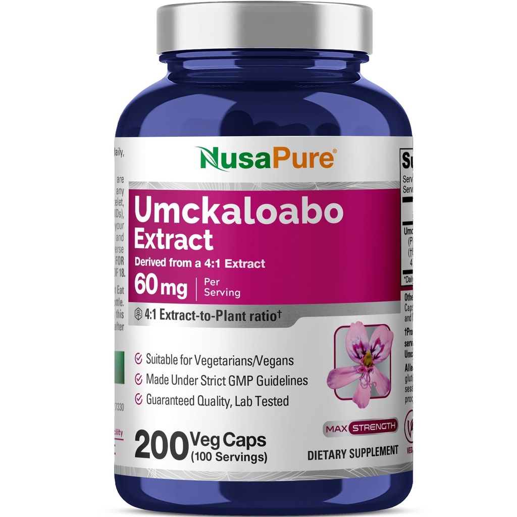 NusaPure Umckaloabo 4:1 לחלץ, 60 מ"ג Equivalent ל 240 מ"ג Veggie Caps 200 Count (Non-GMO, טבעוני)