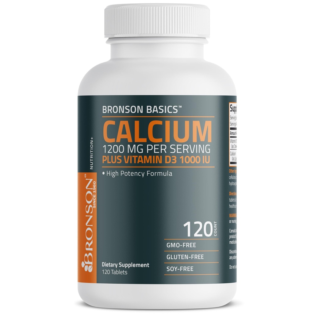Bronson Calcium 1200 מ"ג עבור ויטמין D3 1000 IU High Potency Formula, non-GMO, 120 טבליות