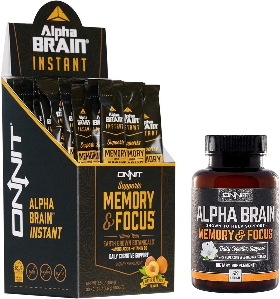 OnNIT Nootropic Stack - Alpha Brain קפסולות (30ct) + Alpha Brain Instant - Natural Peach (30ct)