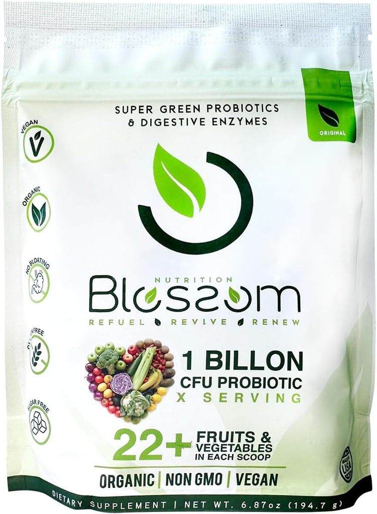פריחה Super Greens Probiotics - Enzymes עם Pre/ProBiotics for Bloating Relief - 30+ Super Greens & Super Reds to Boost Energy - Organic, Gluten-Free, No סיבים, 0g Sugar (Lemon Citrus)