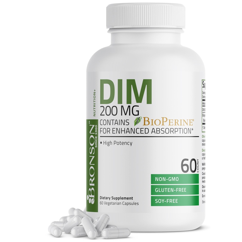 Bronson DIM 200 MG תוסף Diindolymethane עם bioPerine עבור Absorption משופרת, Estrogen metabolism ושומר על רמות הורמוני איזון, 60 קפסולות צמחוניות