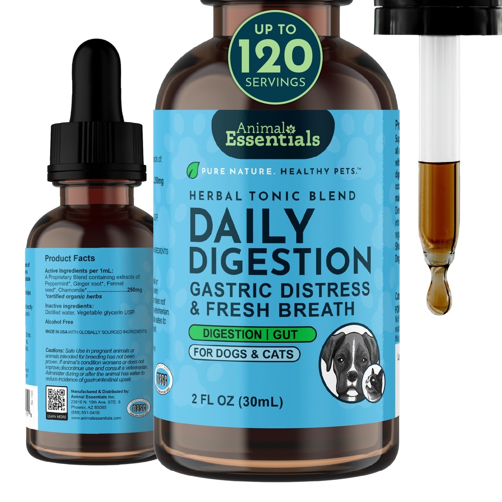 Animal Essentials Daily Digestion for Dogs & Cats - תמיכה תזונתית, נשימה טריה, שורש ג'ינג'ר, Fennel Seed Extract, נוזל תוספת - 2 Fl Oz