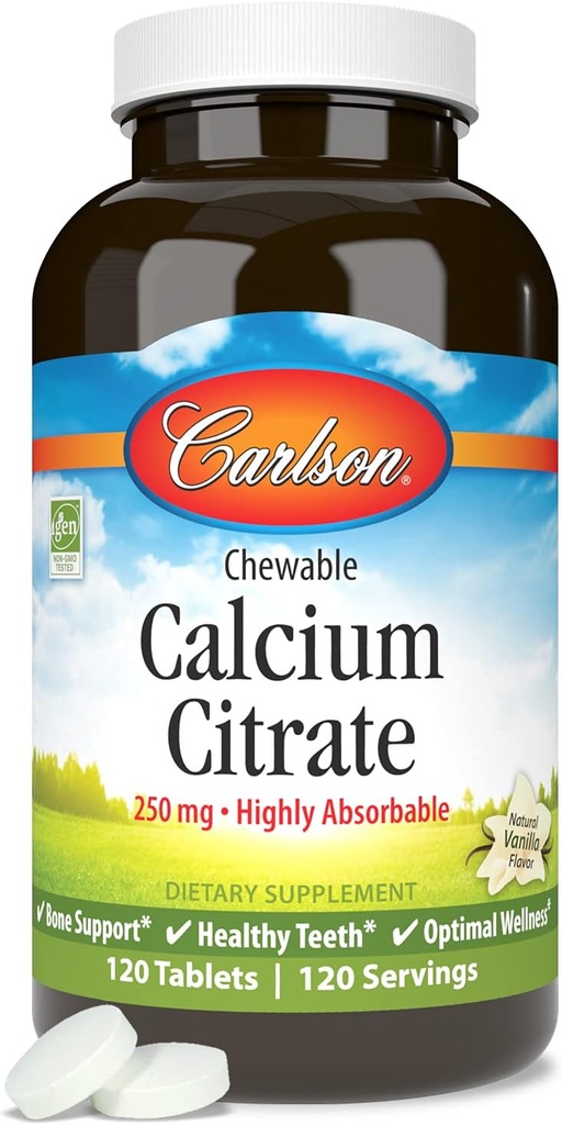 קרלסון - Chewable Calcium Citrate, 250 מ"ג, Highly Absorbable, העצמות תמיכה, שיניים בריאות ו- Optimal Wellness, Natural Vanilla Flavor, 120 טבליות