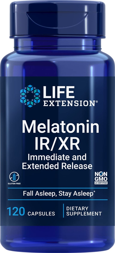 Life Extension Melatonin IR / XR 120 קפסולות - Immediate & 7 Hour Extended-Release - Night Time Supplement - תומך להישאר Asleep - non-GMO, Gluten-Free