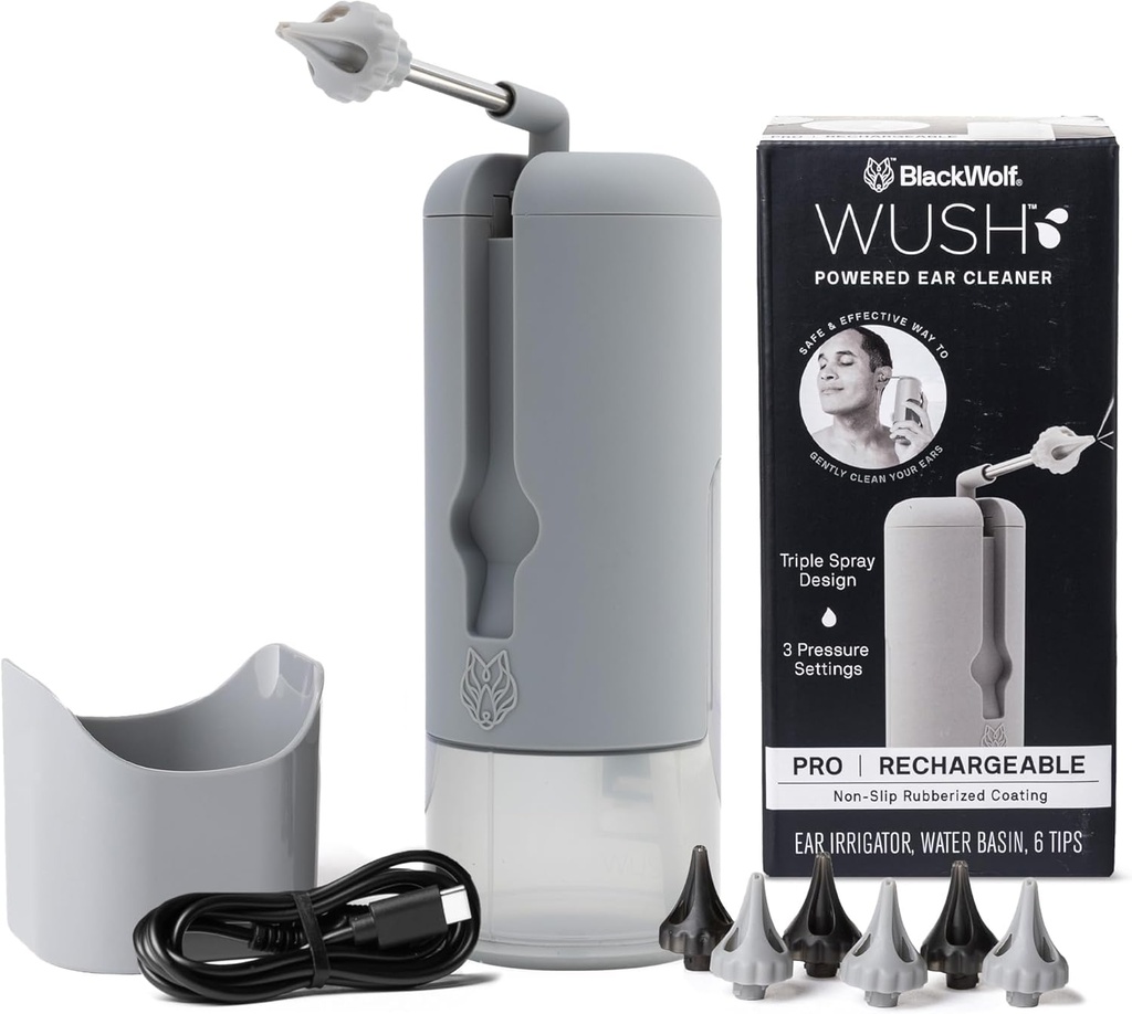 Wush Pro על ידי Black Wolf - The Original Deluxe Water Powered Earer עם 6 טיפים חלופיים הניתנים להחלפה על ידי Black Wolf - Safe & Effective for Ear Wax Buildup - Electric Ear Wax Removal Kit (Grey)