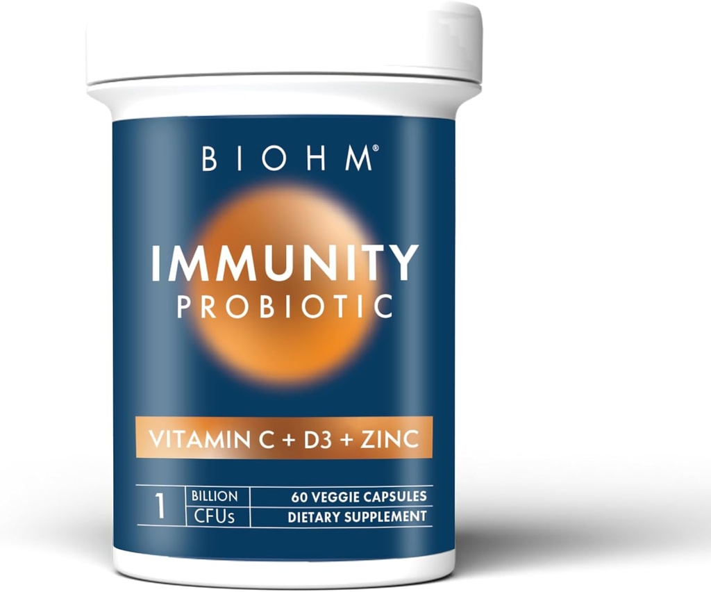 BIOHM Immunity Probiotic עם ויטמין C, D3 & Zinc, 1 מיליארד CFU (60 קפסולות) Daily Probiotics for Women & Men, Digestive Health & Immune Support, Vegan, Gluten-Free and non-GMO