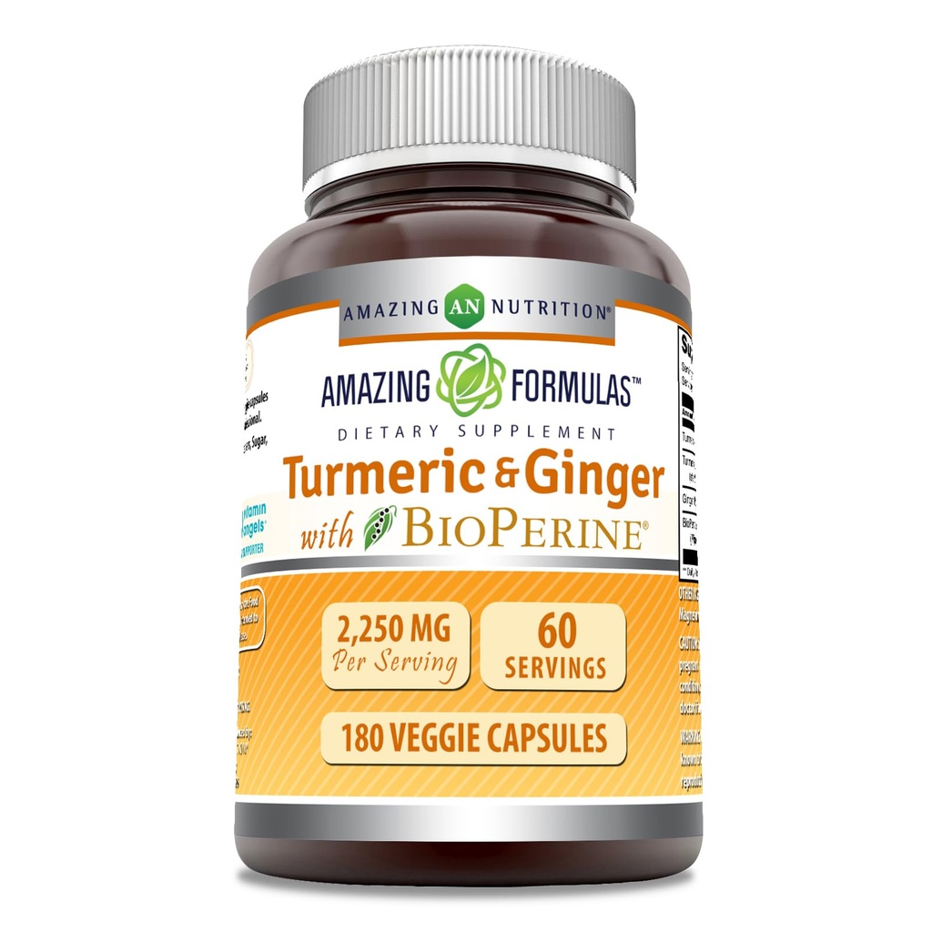 Amazing Formulas Turmeric Curcumin & Ginger with BioPerine 2250 mg Per Serving Veggie Capsules | Non-GMO | Gluten Free | Made in USA | Ideal for Vegetarians (180 Count)