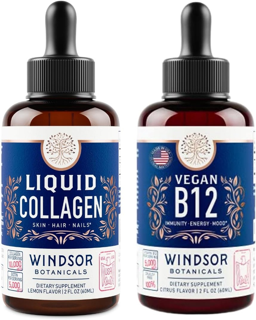WINDSOR BOTANICALS ויטמין B12 נוזלי ושותף נוזלי עם biotin - אנרגיה ובריאות Bundle