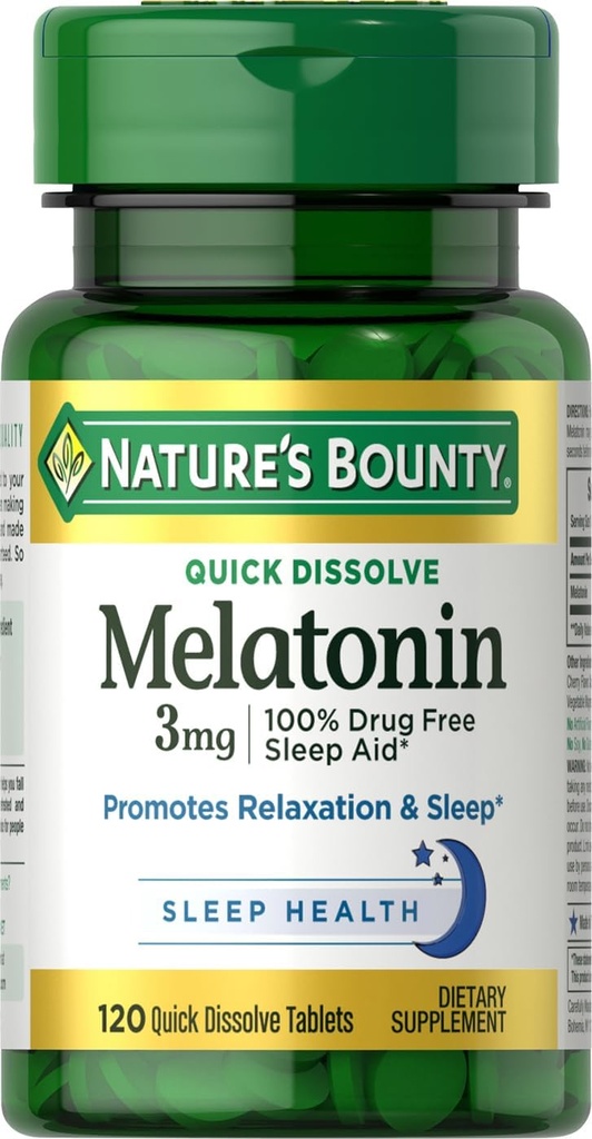 האותיות הקטנות של Nature's Bounty Melatonin Tablet, 3 מ"ג, 120 Count