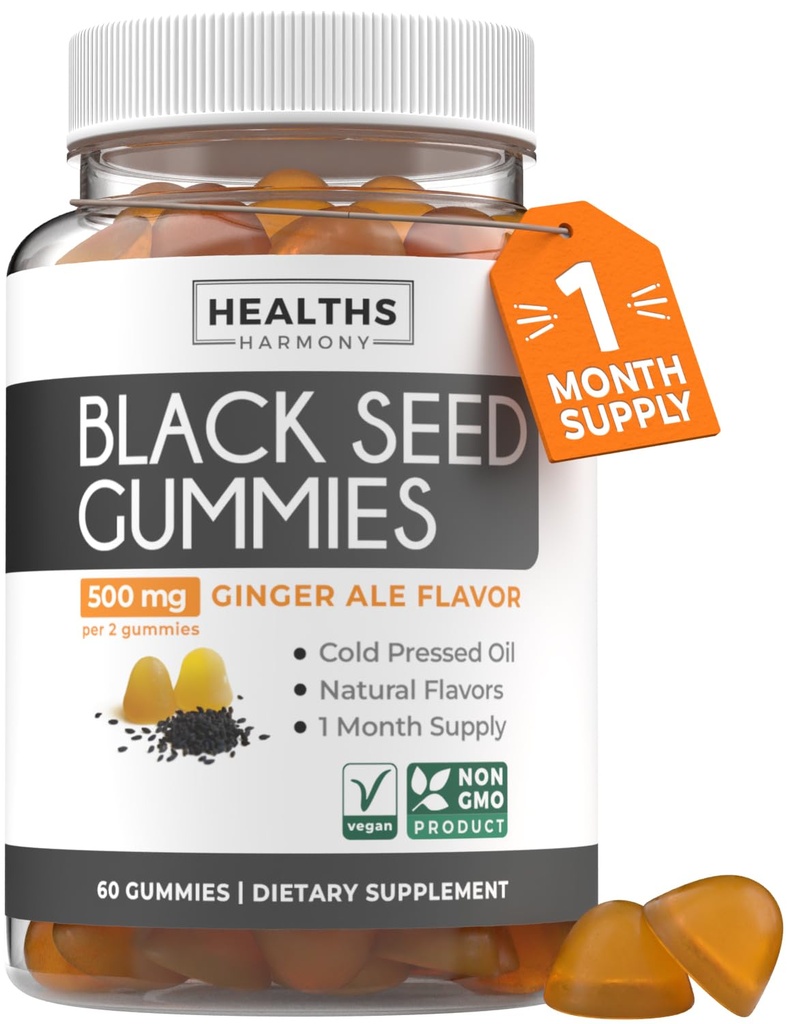 Black Seed Oil Gummies - Naturalgin Ale Flavor (Non-GMO & Vegan) Cold-Pressed Nigella Sativa Producing Pure Black Cumin Seed שמן - 500 מ"ג Per 2 Gummy משרת חניכיים