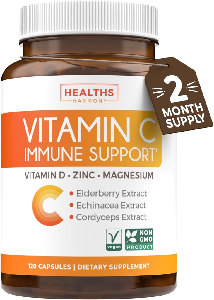 ויטמין C Immune Support Supplement - Immune Boost בלנדר עם Elderberry ויטמין C ו- Zinc for Daily & Seasonal Support - Magnesium Zinc VIT C & D ו- Herbal Defense Complex (2 חודשים)