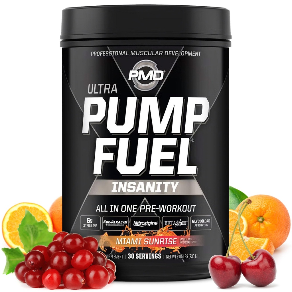 PMD ספורט משאבת דלק אולטרה Insanity - Premium Pre Workout אבקת ושומן שרירים, מוקד גדול יותר, אנדורנס & Recovery, Premium Creatine, Arginine & Beta Alanine - Miami Sunset (30 משרתים)