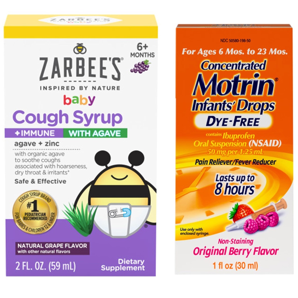 Motrin ו-Surbee's Essentials for Childrens' Concentrated לרפואה נוזלית טיפות עם Ibuprofen ו-Baby Coughⱡ Syrup + Immune with Organic Agave + Zinc