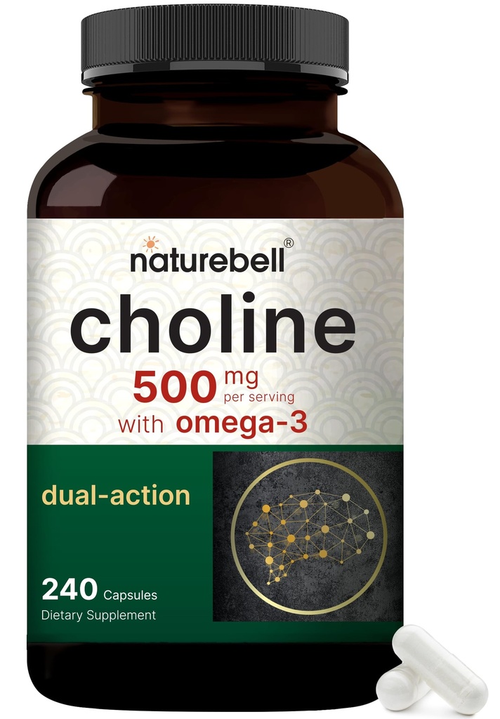 NatureBell Choline תוספי 500 מ"ג עם אומגה 3 חומצות שומן, 240 קפסולות | High Potency Choline Bitartrate - תמיכה טרום לידתית במהלך ההריון - מקדם אנרגיה, Liver, Brain & Cognitive Health