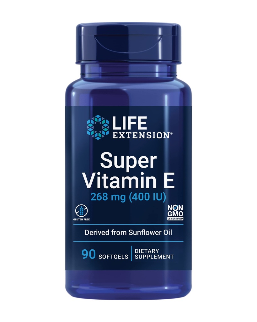 Life Extension Super ויטמין E, 268 מ"ג (400 IU), תוסף ויטמין non-Synthetic E מקדם בריאות מלאה-Body, Gluten-Free, non-GMO, 90 Softgels
