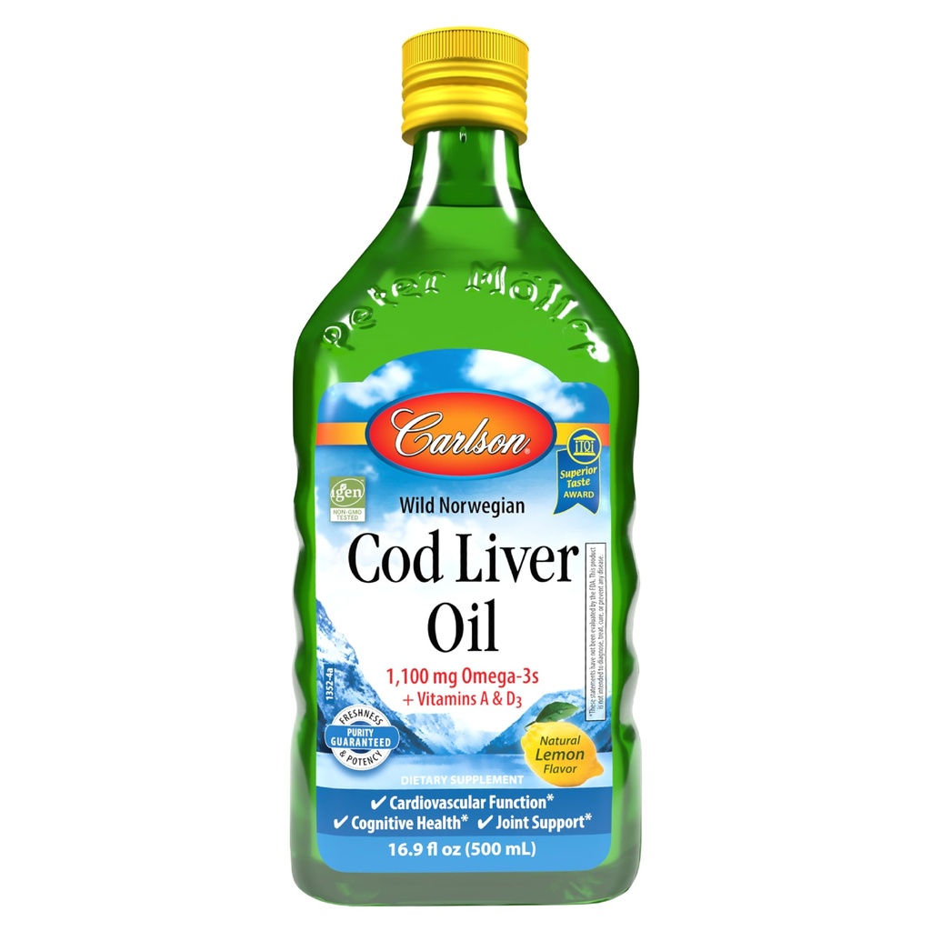 קרלסון - Cod Liver Oil 1100 מ"ג אומגה 3s Plus ויטמינים A & D3, Wildתפס את Norwegian Arctic, Sustainably Sourced Nordic Fish שמן נוזלי, לימון, 500 מ"ל (16.9 Fl Oz)