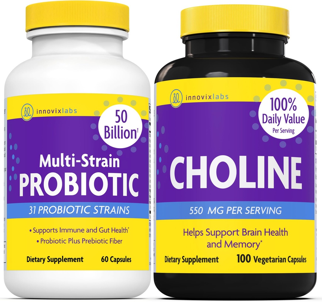 InnovixLabs Choline & Multi Probiotic Bundle Choline Bitartrate 550 מ"ג (100 קפסולות) Multi Strain Probiotics (60 קפסולות). תמיכה בזיכרון, Mood, Brain Health & Boost Cognitive