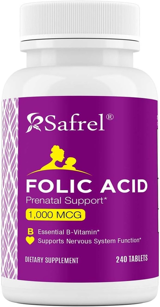 Saprel Folic Acid 1000 mcg (1 מ"ג) - ויטמין B9-240 טבליות, ויטמין טרום לידתי ופוסטנטלי לפיתוח Fetal, Red Blood Cell הפקה, Cell and Neural Development